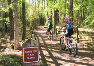 Two bike riders cross over a bridge on a trail.