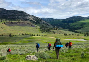 several people hiking in the backcountry, and the are dispersed to they don't form a new trail