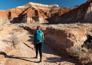 a person with a backpack walking along a durable surface trail in the desert